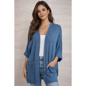 She + Sky Open Knit Oversized Blue Cardigan Pockets One Size fits to 3X